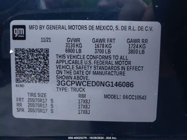 3GCPWCED0NG146086 Chevrolet Silverado 1500 Ltd 2wd  Short Bed Lt