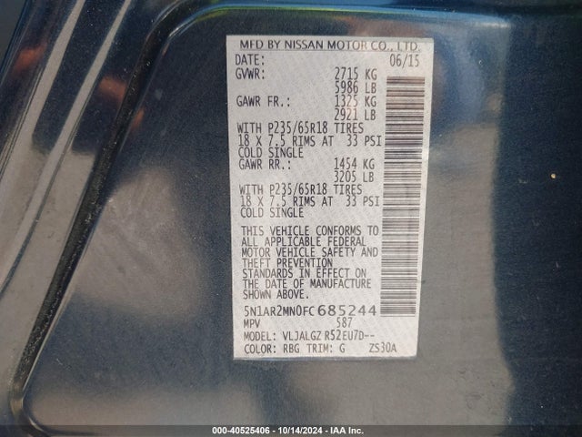Nissan Pathfinder Sl 2015 5N1AR2MN0FC685244 Image 9