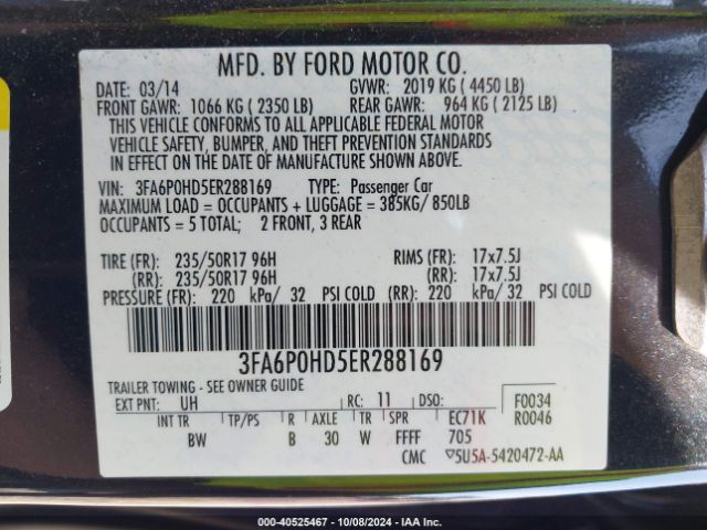 3FA6P0HD5ER288169 Ford FUSION SE