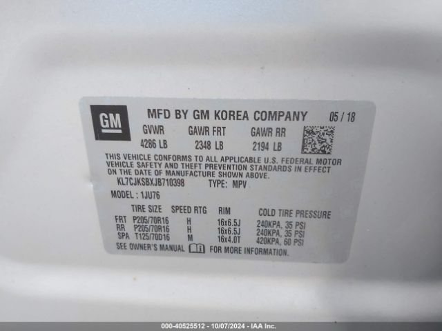 KL7CJKSBXJB710398 Chevrolet TRAX LS