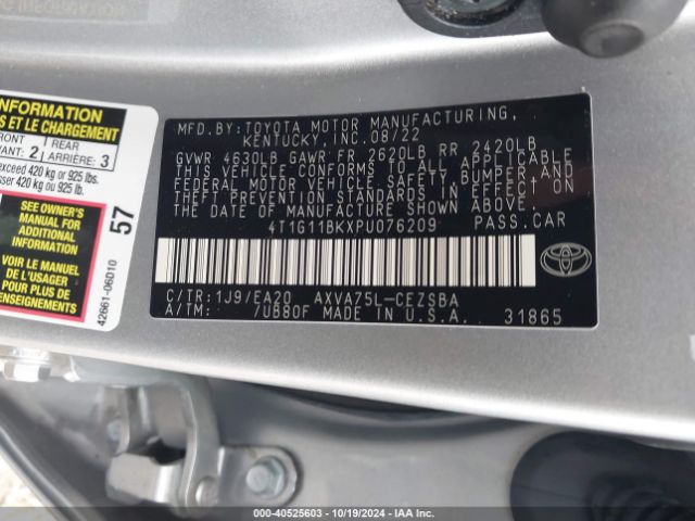 4T1G11BKXPU076209 Toyota Camry Se Awd