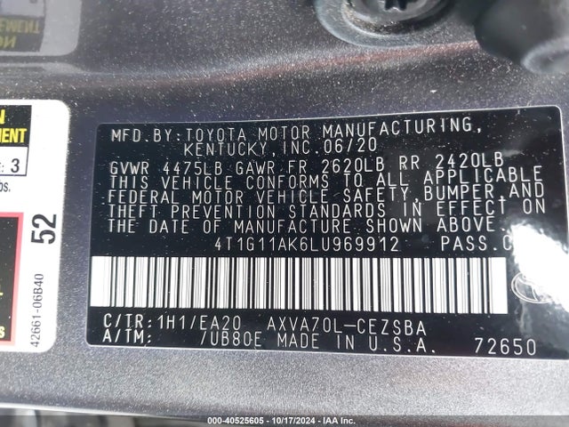 Toyota CAMRY SE 2020 4T1G11AK6LU969912 Image 9