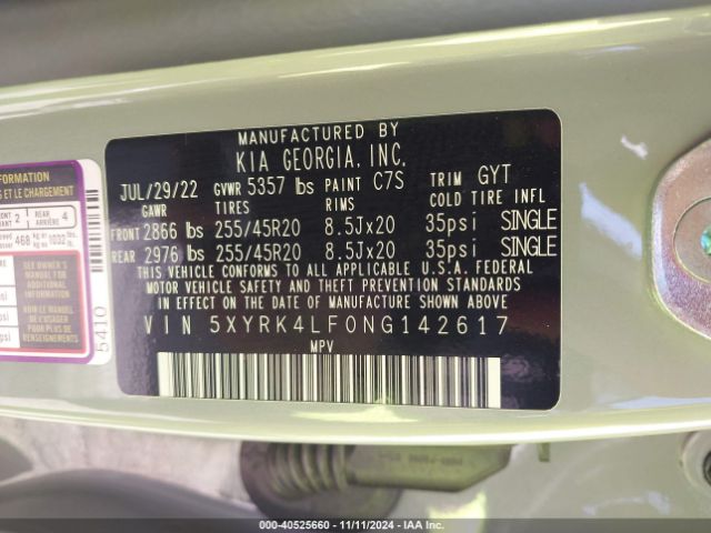 5XYRK4LF0NG142617 KIA SORENTO SX