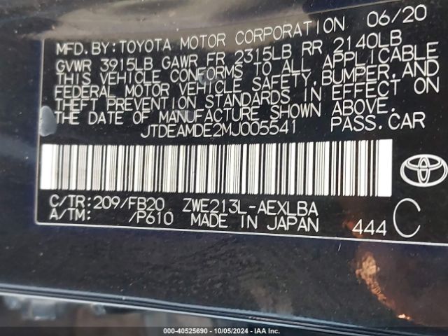 Toyota Corolla Hybrid Le 2021 JTDEAMDE2MJ005541 Image 9