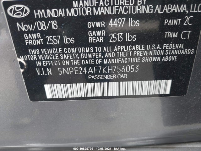Hyundai SONATA SE 2019 5NPE24AF7KH756053 Image 9