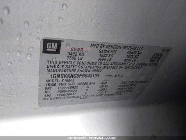 1GNSKKKC8FR643195 Chevrolet Suburban 1500 Ltz