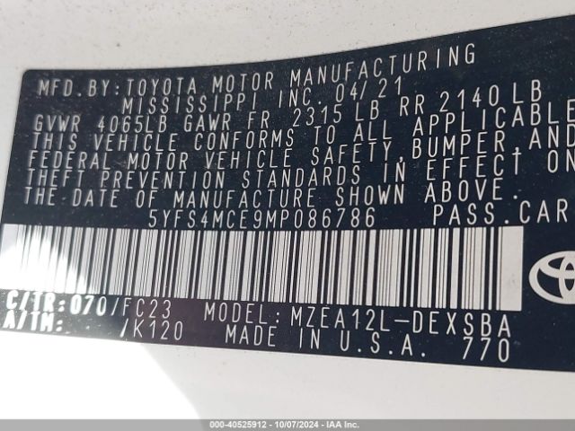 2021 TOYOTA COROLLA 5YFS4MCE9MP086786 Photo 8