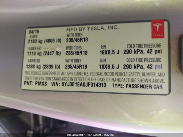 5YJ3E1EA0JF014313 Tesla Model 3 Long Range/mid Range