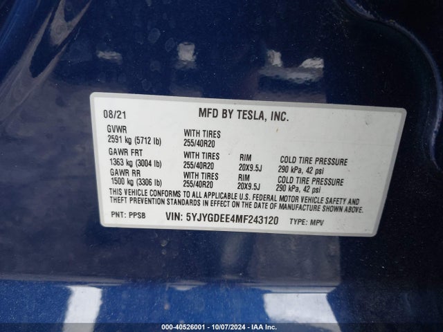 2021 TESLA MODEL Y 5YJYGDEE4MF243120 Photo 8