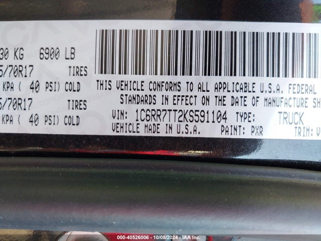 1C6RR7TT2KS591104 RAM 1500 Classic Slt  4x4 6'4 Box
