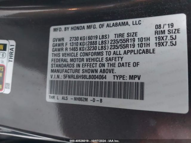 5FNRL6H98LB004064 Honda Odyssey Elite