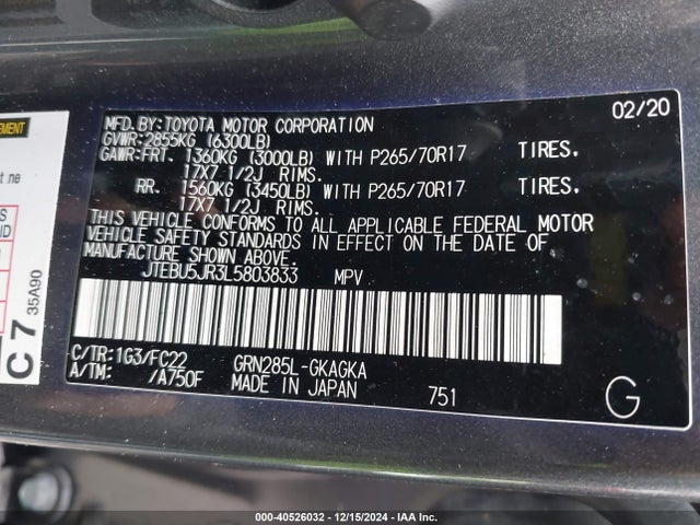 JTEBU5JR3L5803833 Toyota 4runner Trd Off Road
