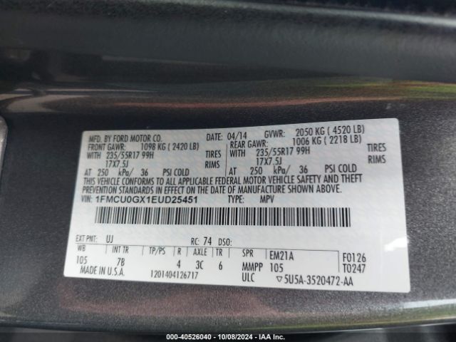 1FMCU0GX1EUD25451 Ford ESCAPE SE