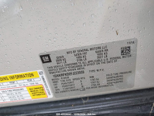 Chevrolet Traverse Ls 2015 1GNKRFKD2FJ223569 Image 9