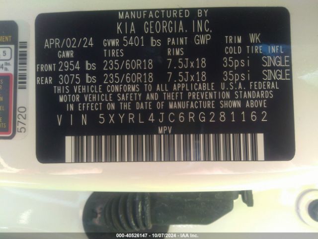 5XYRL4JC6RG281162 KIA SORENTO S