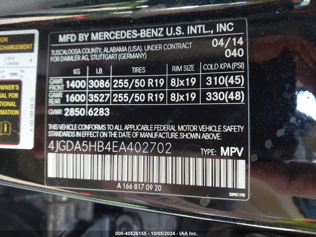 4JGDA5HB4EA402702 Mercedes-Benz Ml 350 4matic