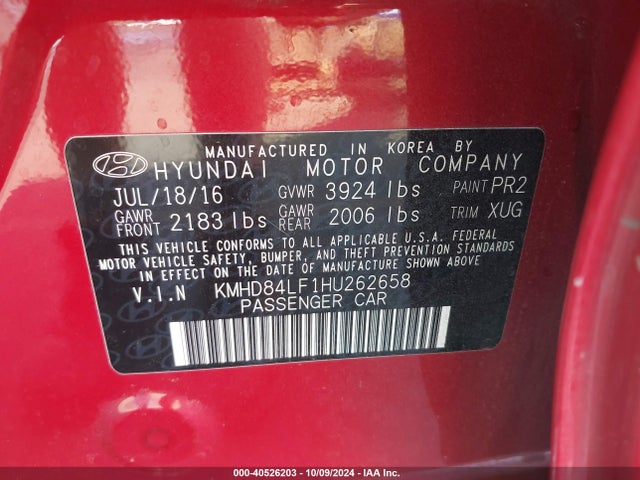KMHD84LF1HU262658 Hyundai Elantra Value Edition