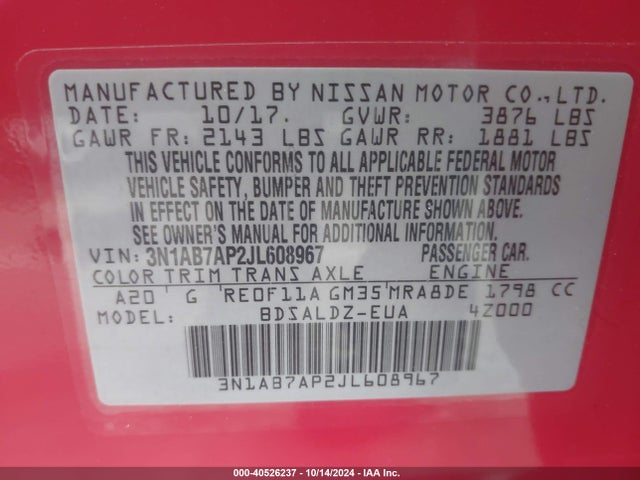 3N1AB7AP2JL608967 Nissan SENTRA SV