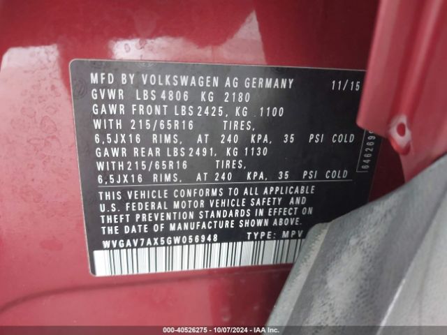 WVGAV7AX5GW056948 Volkswagen TIGUAN S