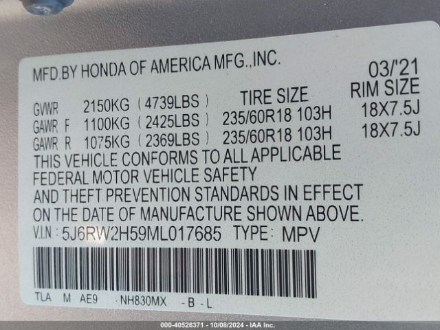 5J6RW2H59ML017685 Honda Cr-v Awd Ex