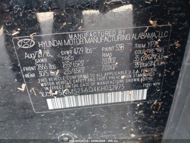 5NMS23AD4KH032975 Hyundai Santa Fe Se