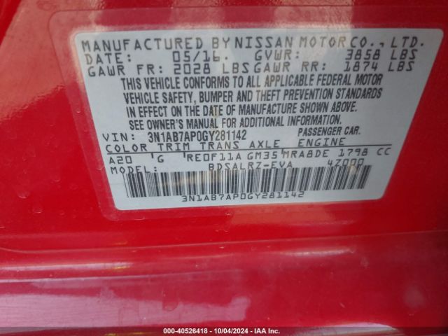 3N1AB7AP0GY281142 Nissan Sentra Fe+ S/s/sl/sr/sv