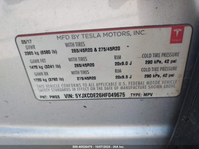 5YJXCDE26HF049675 Tesla Model X 100d/75d/90d