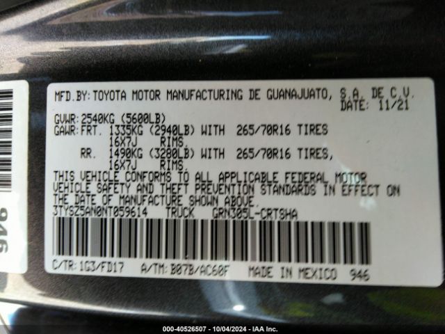 3TYSZ5AN0NT059614 Toyota Tacoma Trd Off Road
