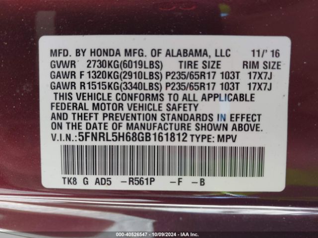 5FNRL5H68GB161812 Honda Odyssey Ex-l