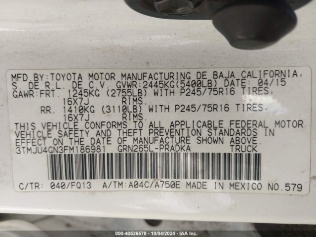 3TMJU4GN3FM186981 Toyota Tacoma Prerunner V6
