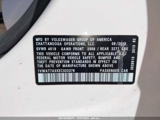 1VWAT7A3XEC022376 Volkswagen Passat 1.8t Wolfsburg Edition