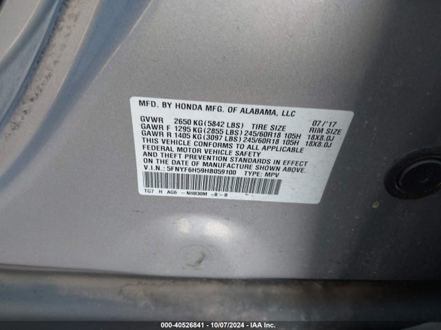 Honda Pilot Ex-l 2017 5FNYF6H59HB059100 Image 9