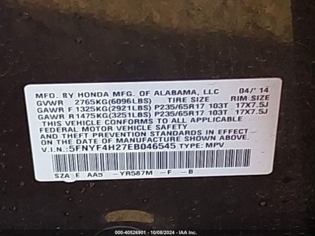 5FNYF4H27EB046545 Honda PILOT LX