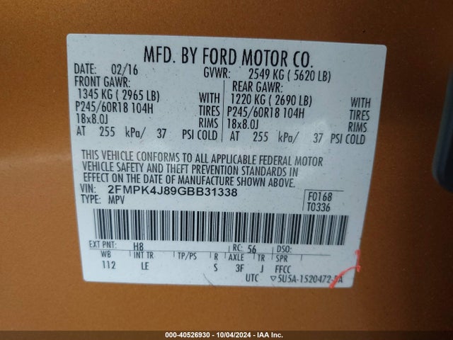 Ford EDGE SEL 2016 2FMPK4J89GBB31338 Image 9