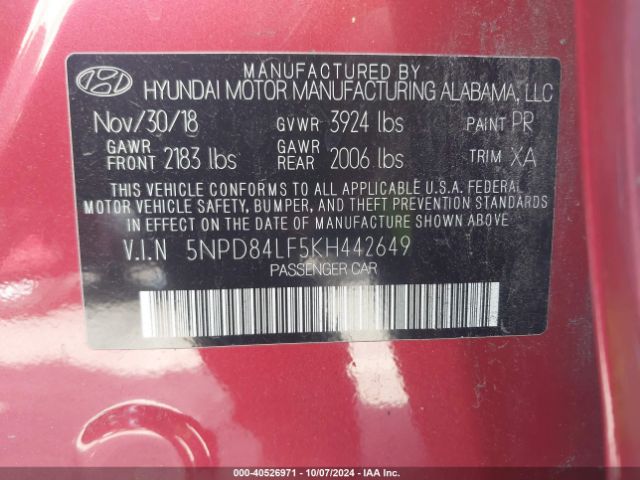5NPD84LF5KH442649 Hyundai ELANTRA SEL
