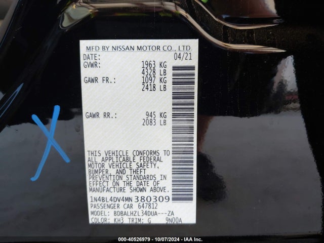Aukcja sprzedaży 2021 Nissan Altima Sv Fwd, vin: 1N4BL4DV4MN380309, numer aukcji: 40526979