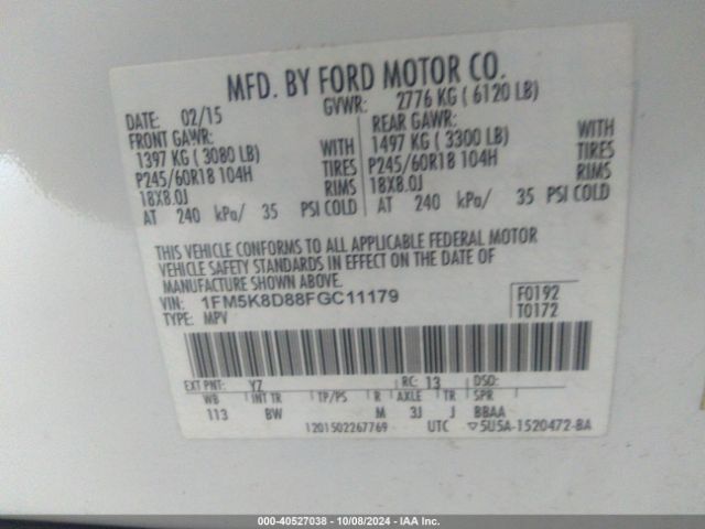 1FM5K8D88FGC11179 Ford EXPLORER XLT