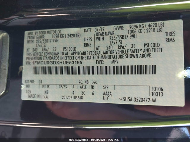 Ford ESCAPE SE 2017 1FMCU0GDXHUE53195 Image 9