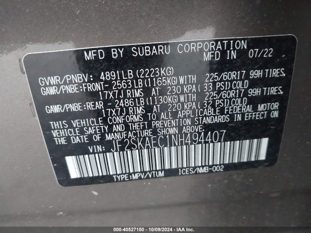 JF2SKAEC1NH494407 Subaru Forester Premium