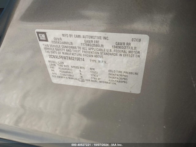 Продаж на аукціоні авто 2010 Chevrolet Equinox Ltz, vin: 2CNALFEW7A6219814, номер лоту: 40527221