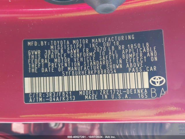 Toyota COROLLA LE 2019 5YFBURHE8KP888054 Image 9