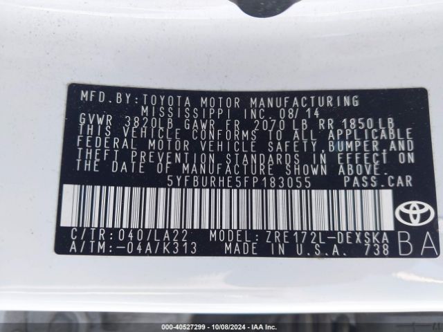 5YFBURHE5FP183055 Toyota Corolla S Premium