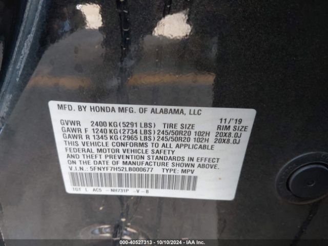 5FNYF7H52LB000677 Honda Passport 2wd Ex-l