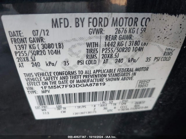 2013 Ford Explorer Limited მანქანა იყიდება აუქციონზე, vin: 1FM5K7F93DGA87819, აუქციონის ნომერი: 40527367
