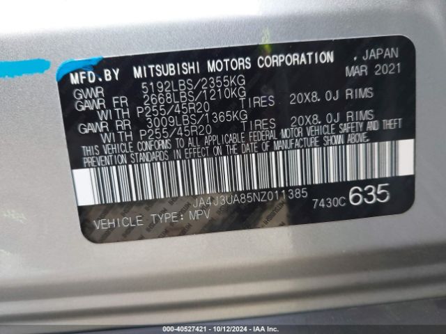 JA4J3UA85NZ011385 Mitsubishi Outlander Black Edition 2wd/se 2.5 2wd/se Launch Edition 2wd
