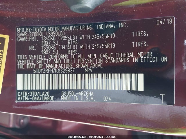 5TDYZRFH7KS329837 Toyota Highlander Limited