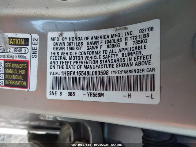 Aukcja sprzedaży 2008 Honda Civic Lx, vin: 1HGFA16548L060598, numer aukcji: 40527514
