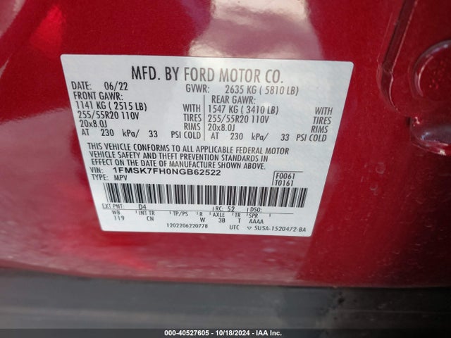 Ford Explorer Limited 2022 1FMSK7FH0NGB62522 Image 9