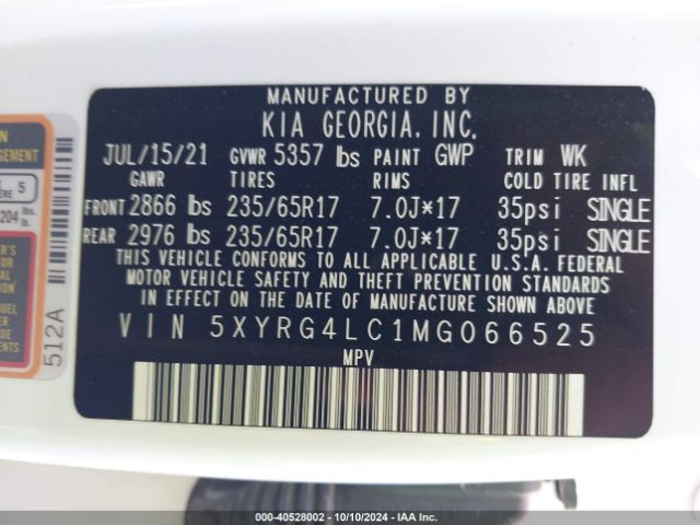 5XYRG4LC1MG066525 KIA SORENTO LX