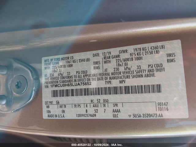 Ford ESCAPE SEL 2020 1FMCU0H65LUA75652 Image 9